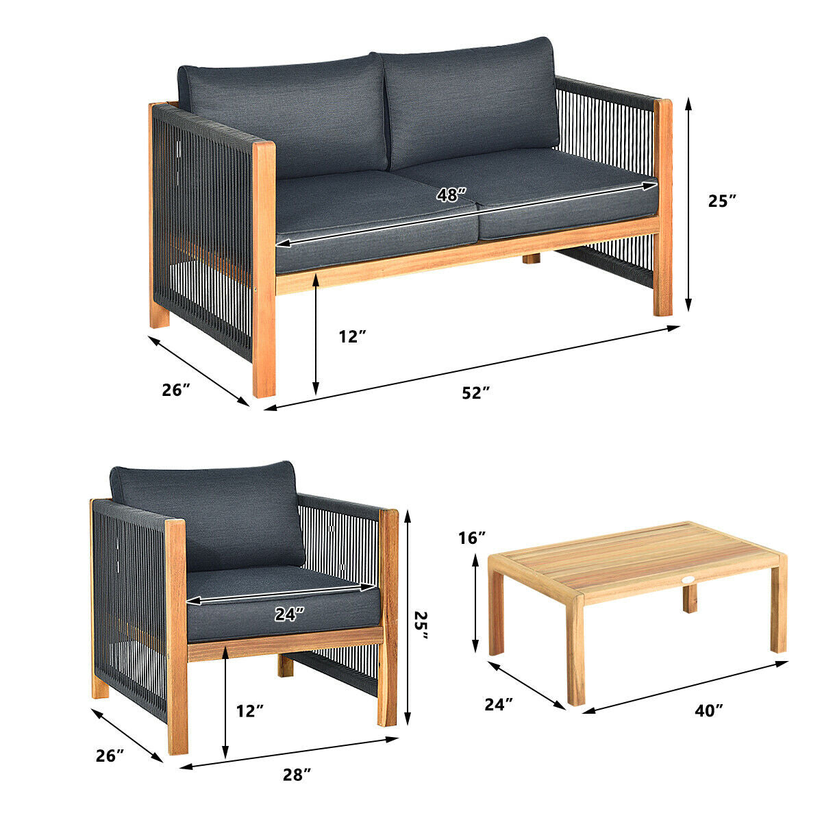 Modern 4-Piece Acacia Wood Outdoor Furniture Patio Set – Sofa and Chairs - Poolside Table