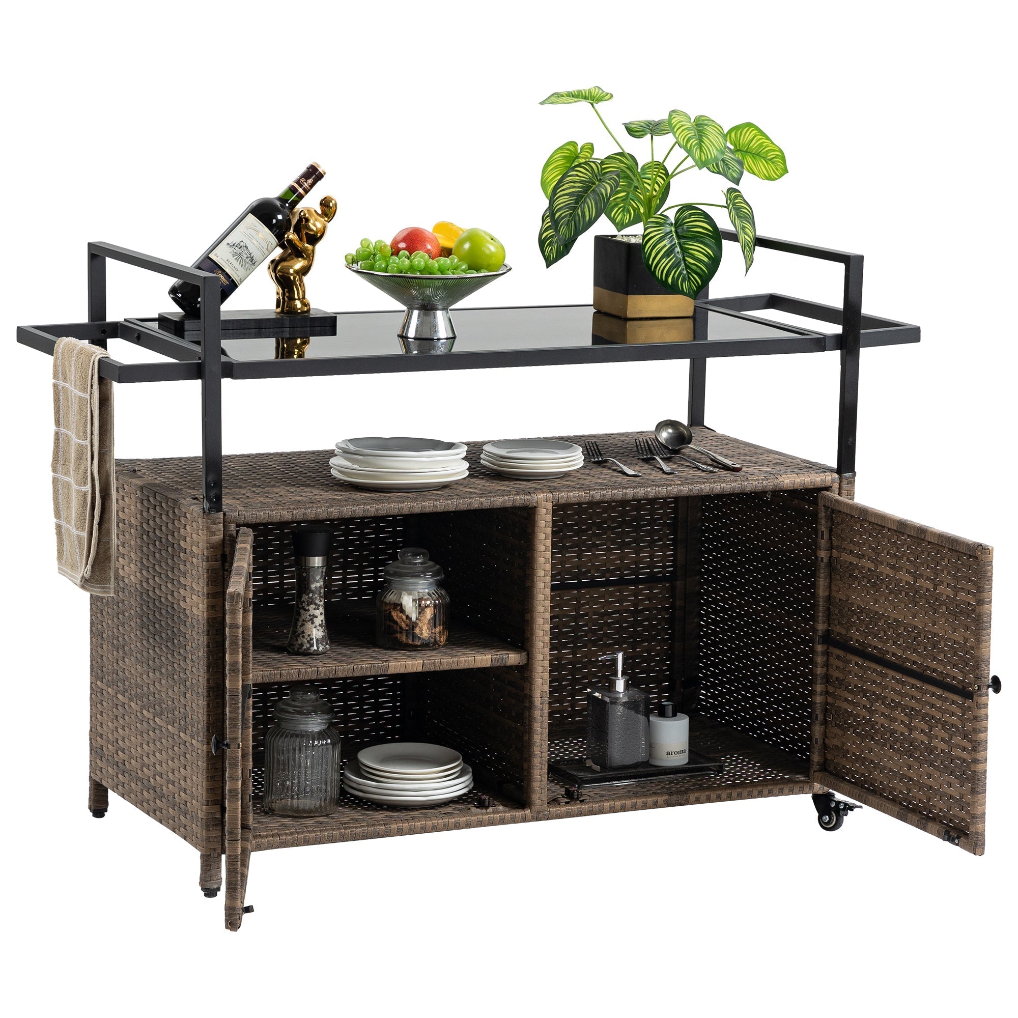 Outdoor Wicker Bar Cart for Patio and Pool Parties