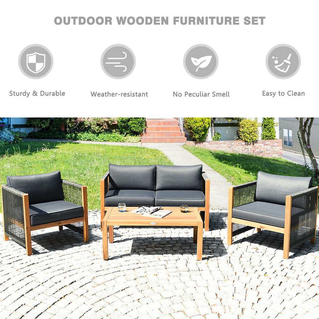 Modern 4-Piece Acacia Wood Outdoor Furniture Patio Set – Sofa and Chairs - Poolside Table