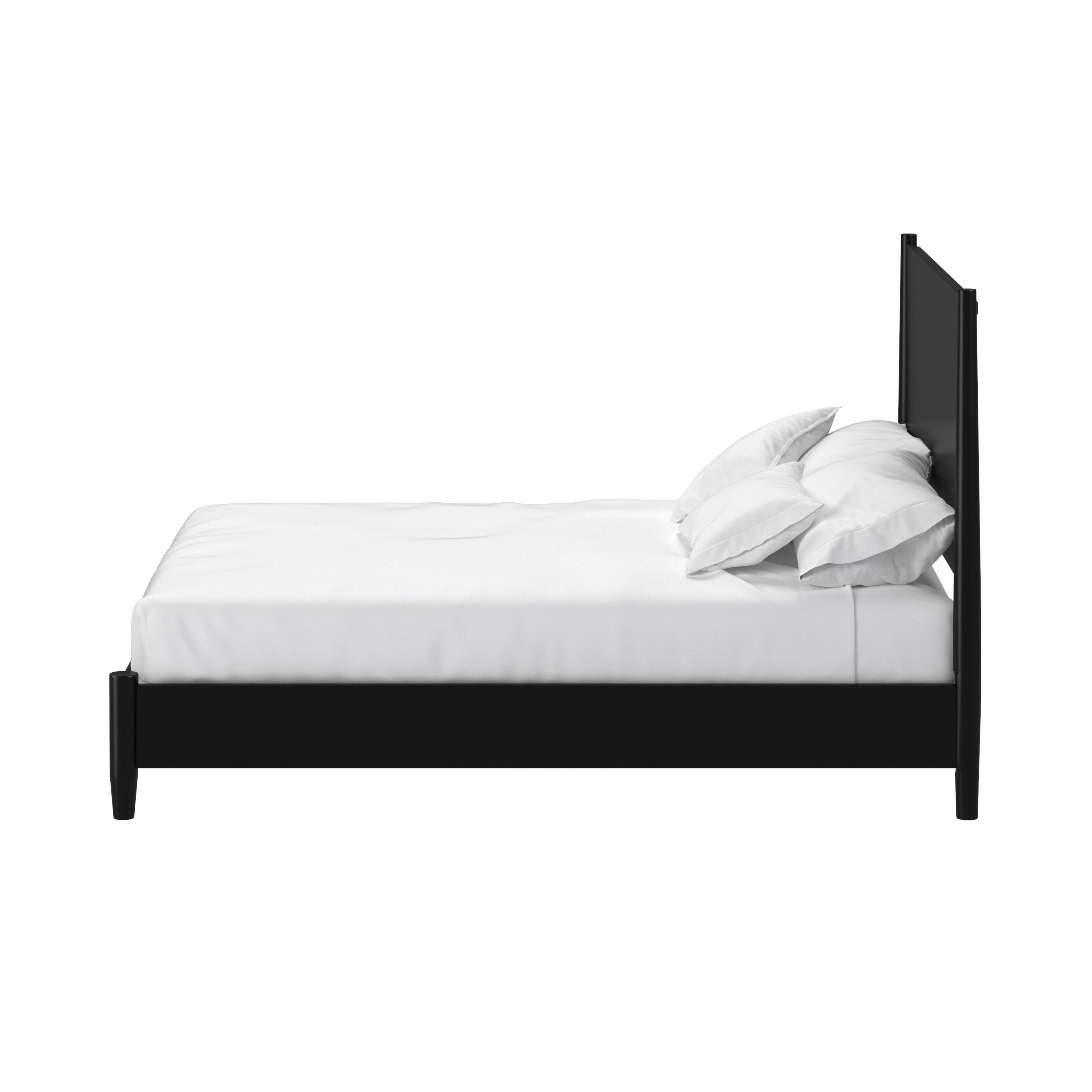 Black bed frame with white mattress and pillows on a white background