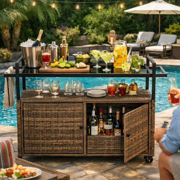Outdoor Wicker Bar Cart for Patio and Pool Parties