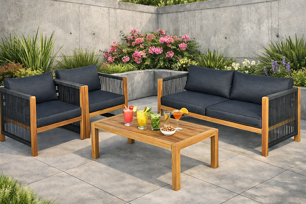 Modern 4-Piece Acacia Wood Outdoor Furniture Patio Set – Sofa and Chairs - Poolside Table