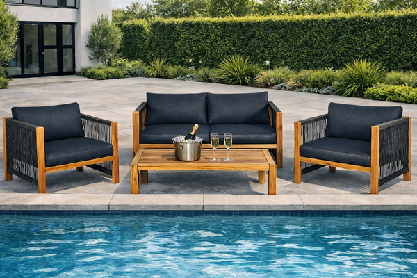 Modern 4-Piece Acacia Wood Outdoor Furniture Patio Set – Sofa and Chairs - Poolside Table