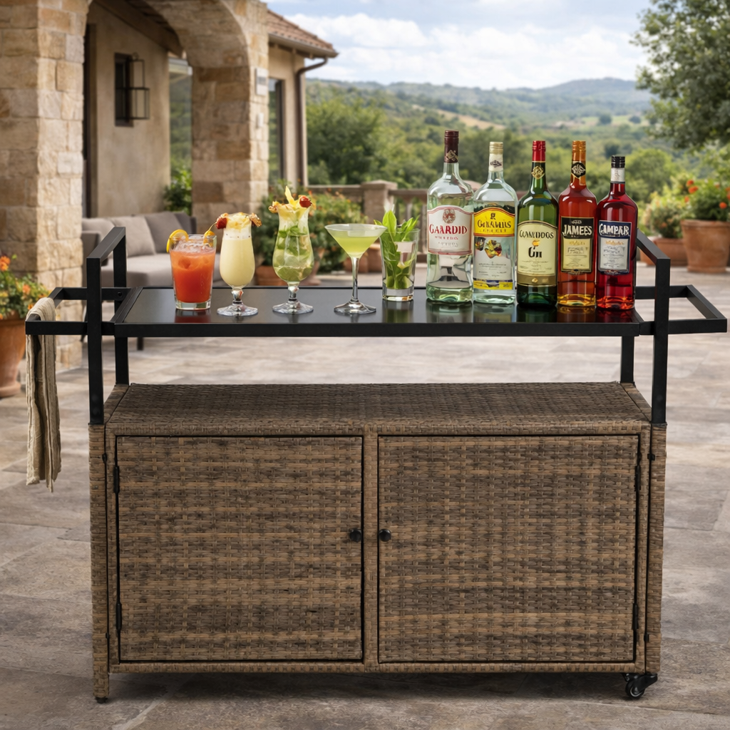 Outdoor Wicker Bar Cart for Patio and Pool Parties