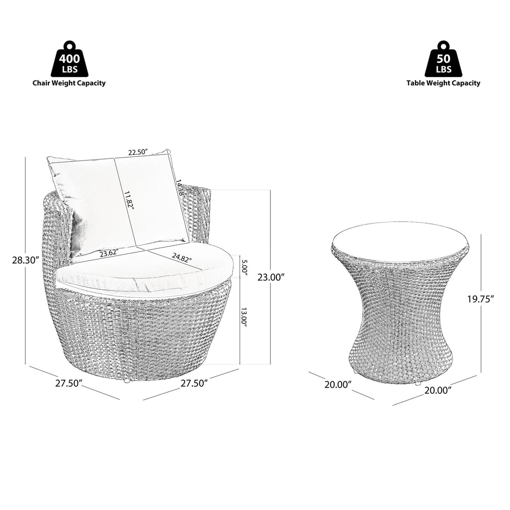 Outdoor Wicker Patio Chair Set – 3 Piece Conversation Furniture with Table - Summer Furniture