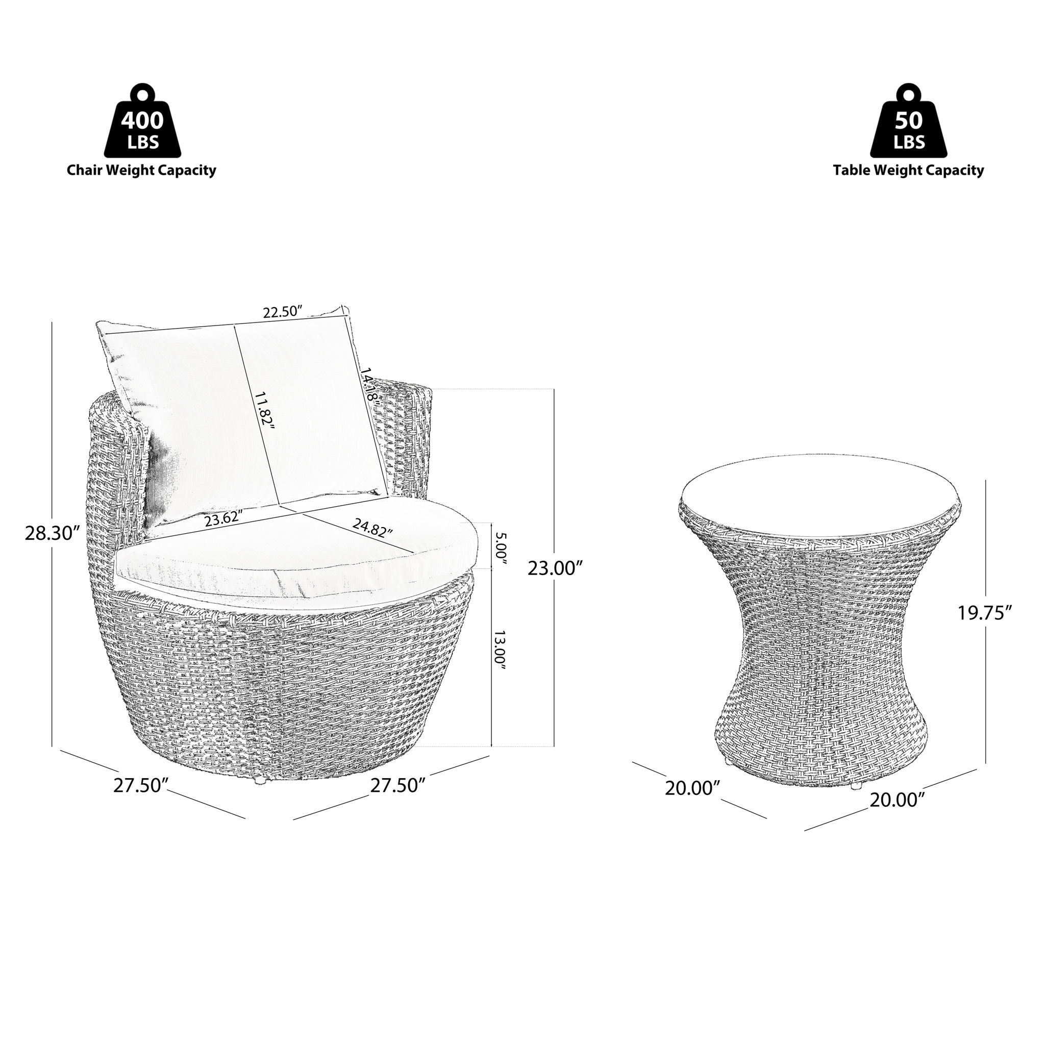 Outdoor Wicker Patio Chair Set – 3 Piece Conversation Furniture with Table - Summer Furniture