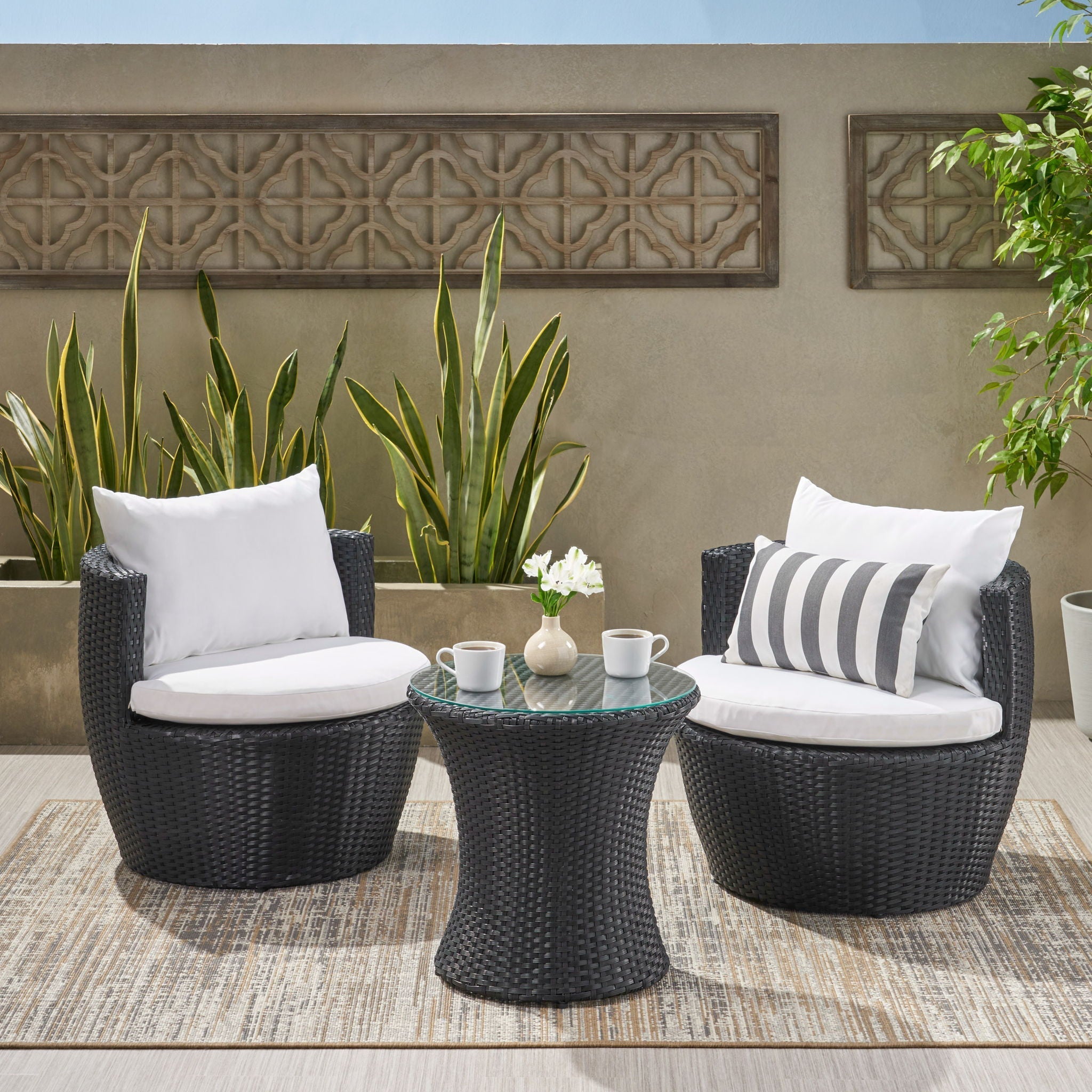 Outdoor Wicker Patio Chair Set – 3 Piece Conversation Furniture with Table - Summer Furniture