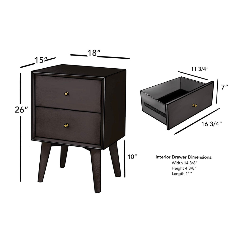 Sonoma Mid Century 2-Drawer Nightstand Black Mahogany Wood