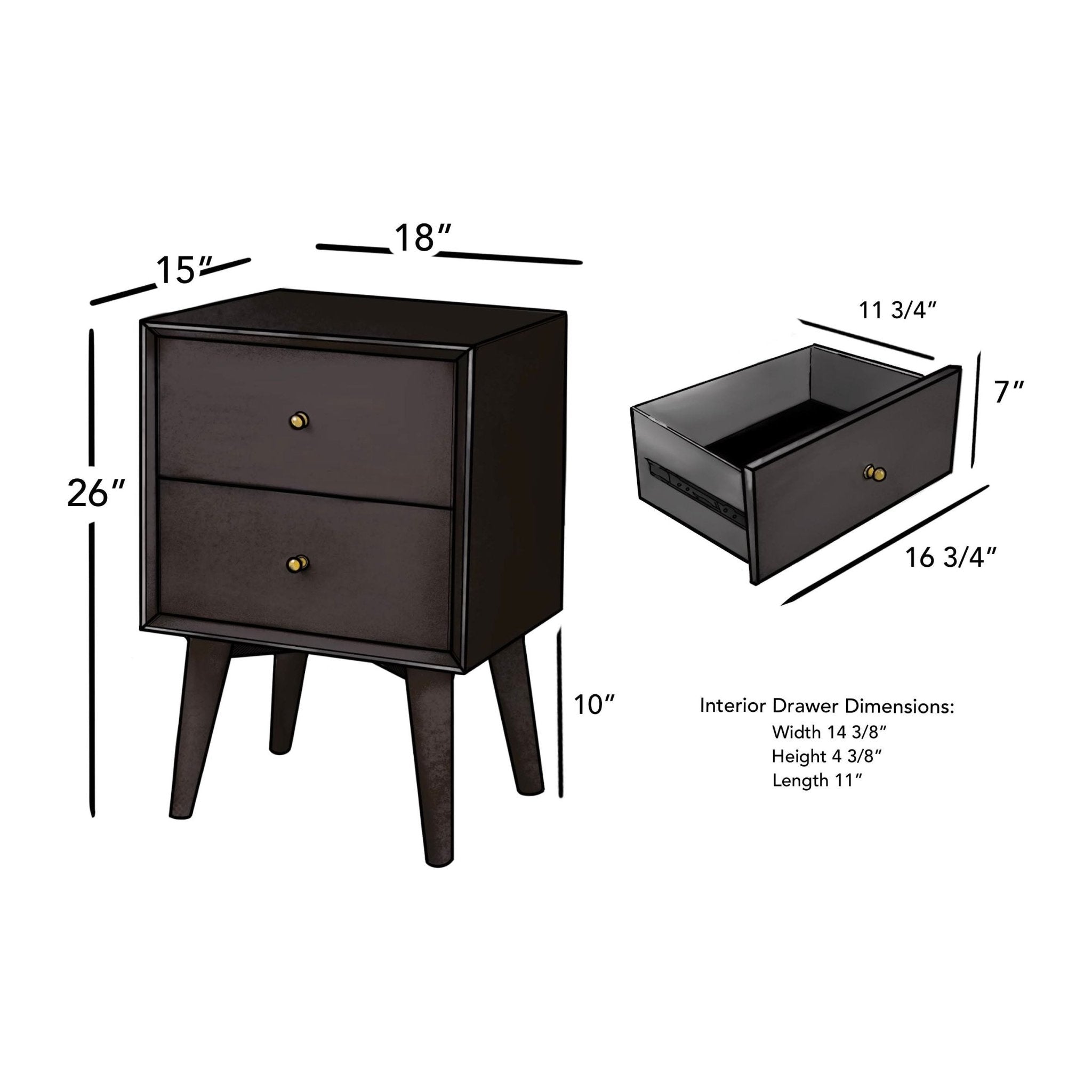 Sonoma Mid Century 2-Drawer Nightstand Black Mahogany Wood