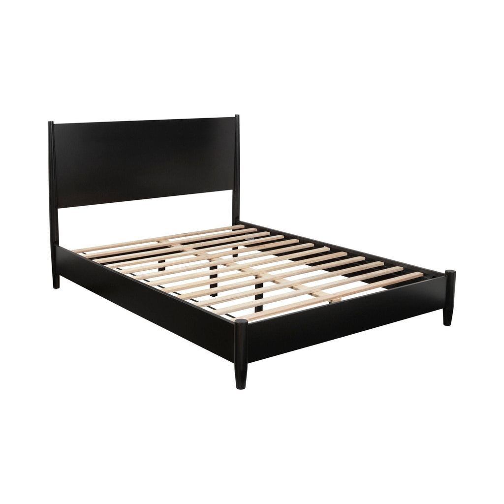 Black bed frame with wooden slats on a white background