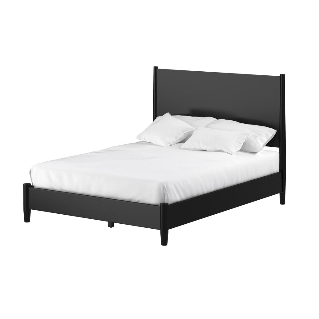 Black metal bed frame with white bedding on a white background