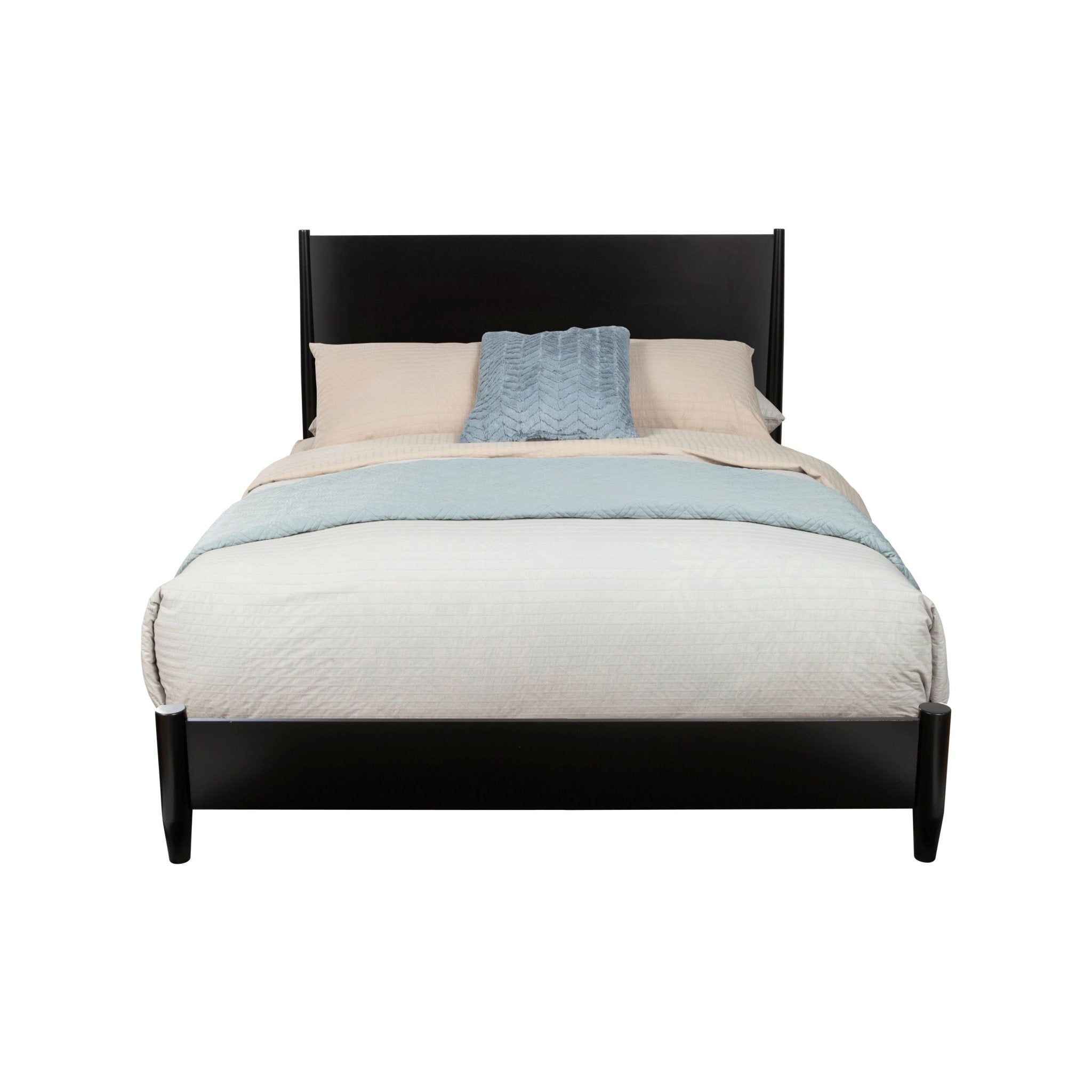 Bed with black frame, beige bedding, and blue blanket on a white background
