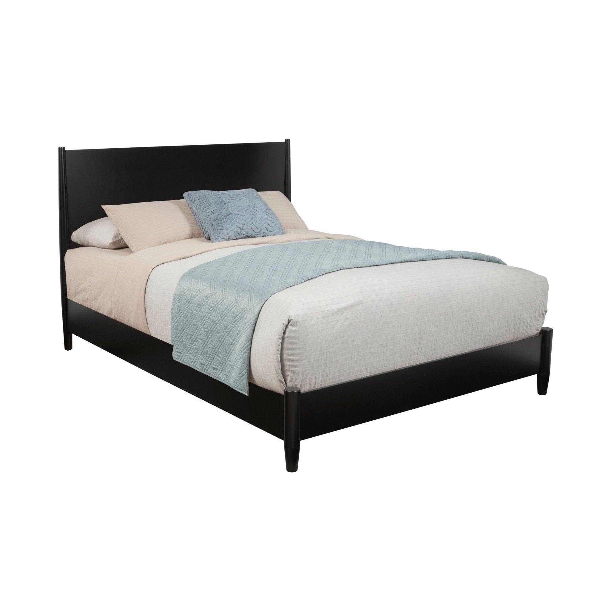 Bed with black frame and beige bedding on a white background