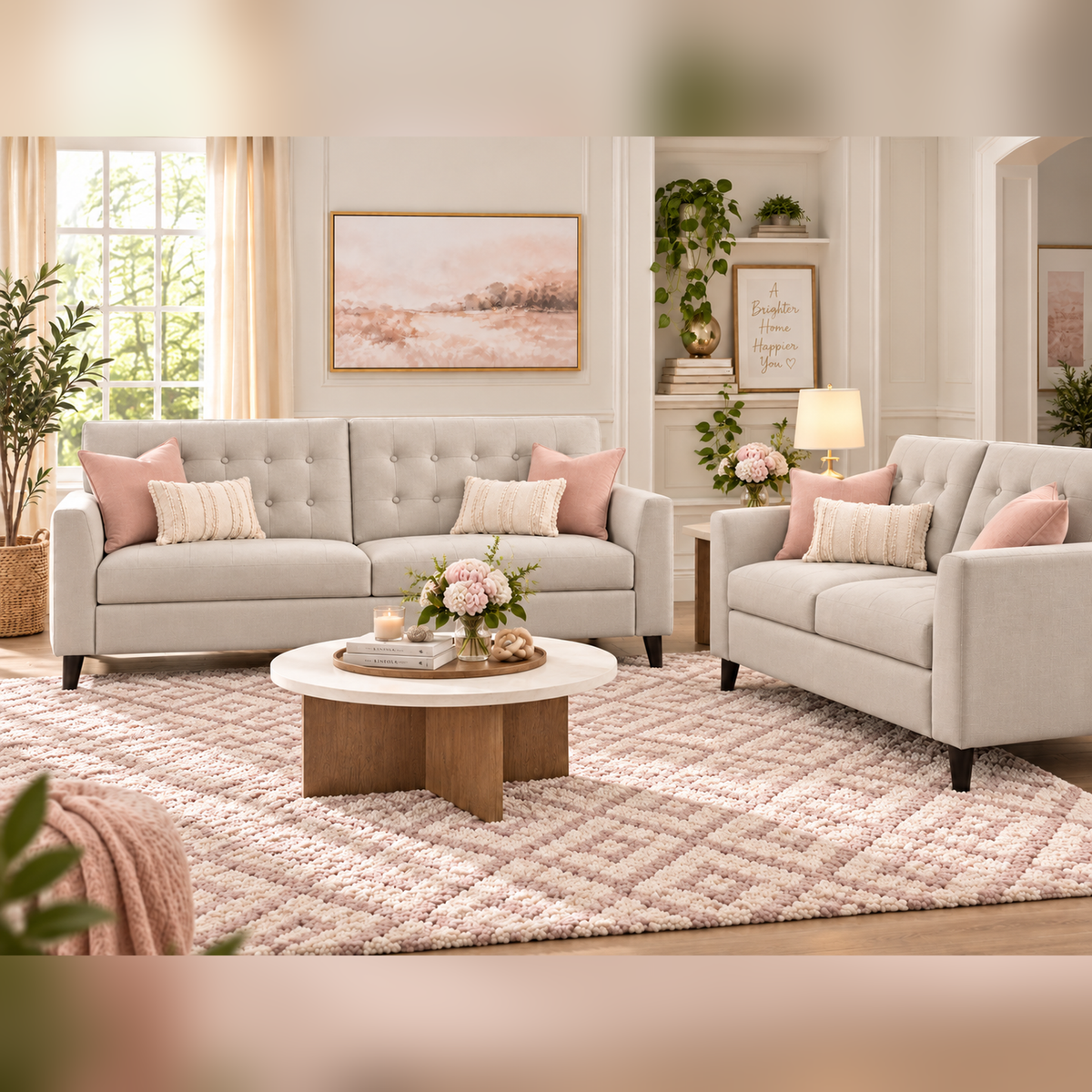 Versailles Beige Sofa and Loveseat Set | Tufted | Mid Century Modern