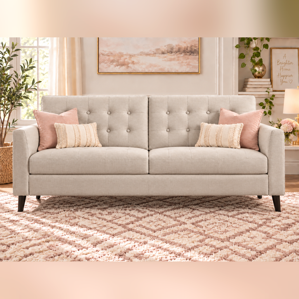 Versailles Beige Sofa and Loveseat Set | Tufted | Mid Century Modern