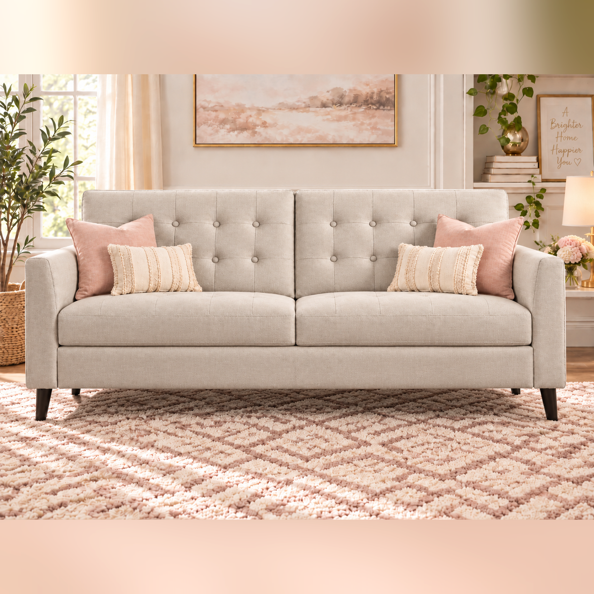 Versailles Beige Sofa and Loveseat Set | Tufted | Mid Century Modern