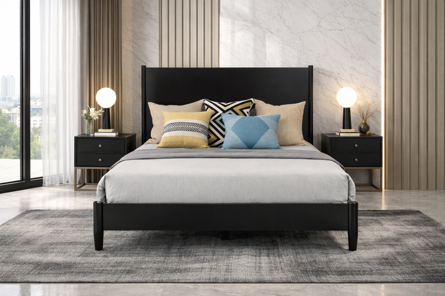 Bedroom with a black bed frame, gray bedding, and decorative pillows.