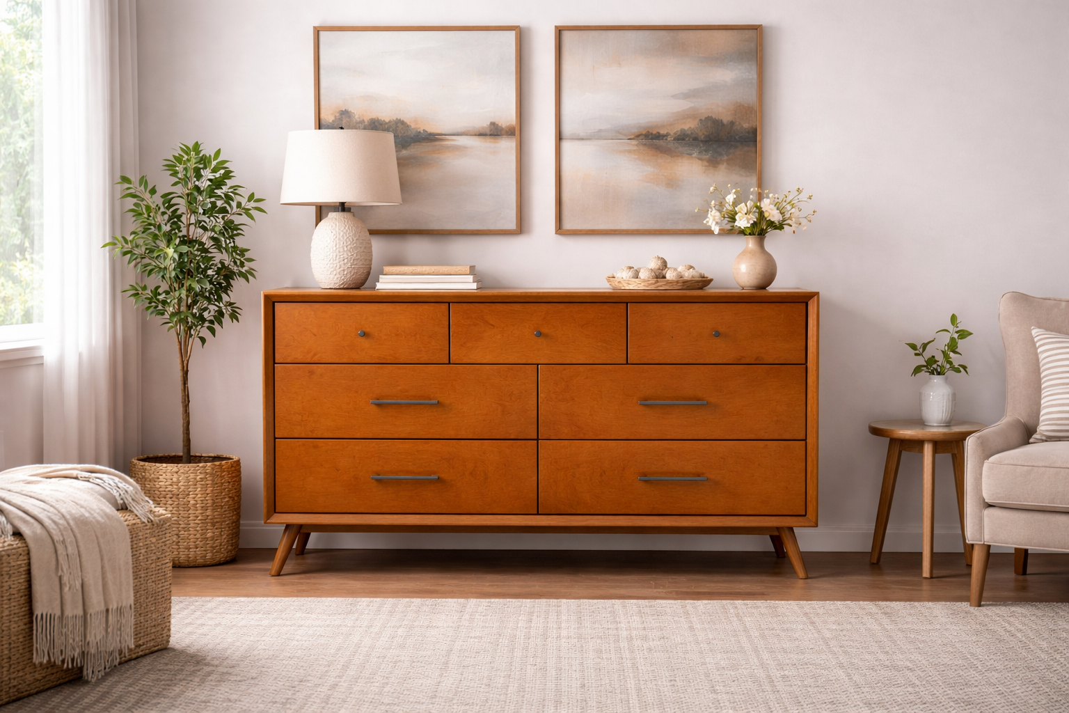 Sonoma Mid Century 7-Drawer Dresser Brown Chestnut Wood