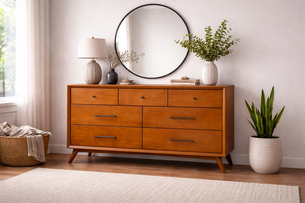 Sonoma Mid Century 7-Drawer Dresser Brown Chestnut Wood