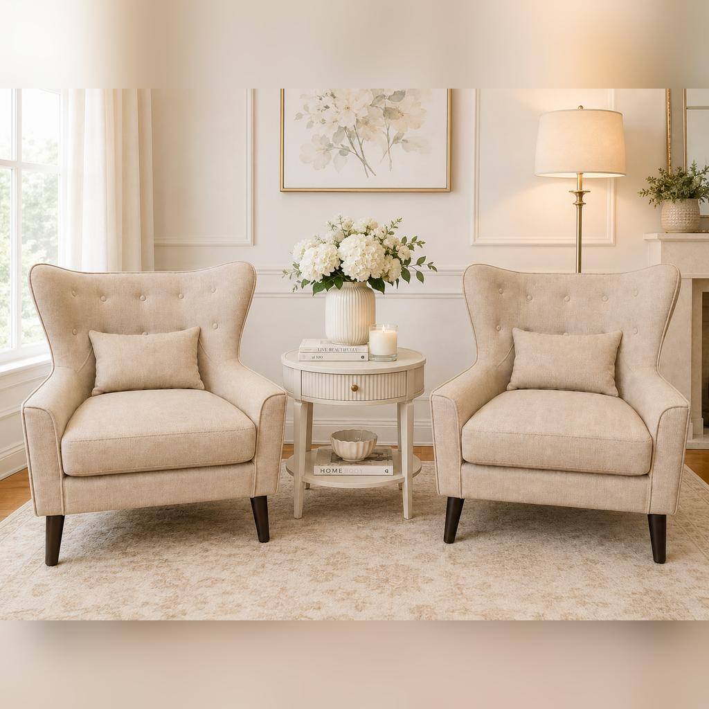 Versailles Wingback Accent Chairs Set | Tufted | Beige